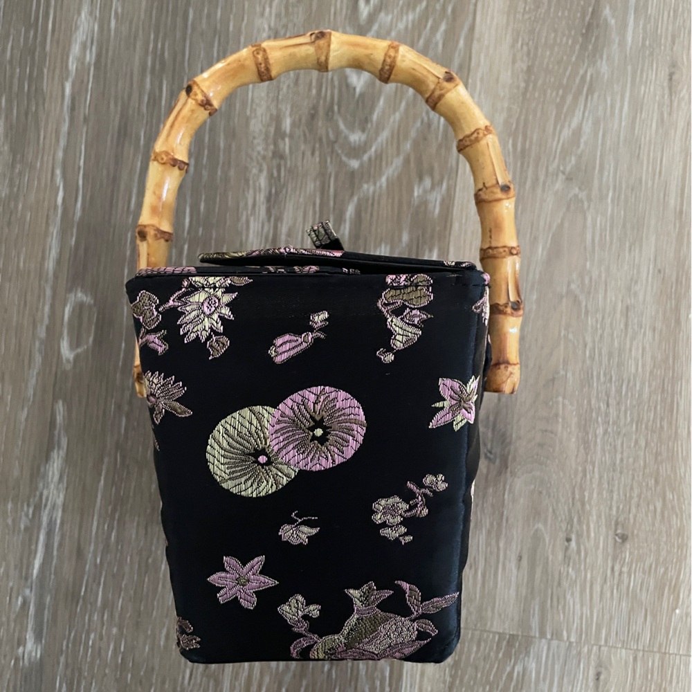 Black Floral Takeout Box Mini Bag with Bamboo Handle